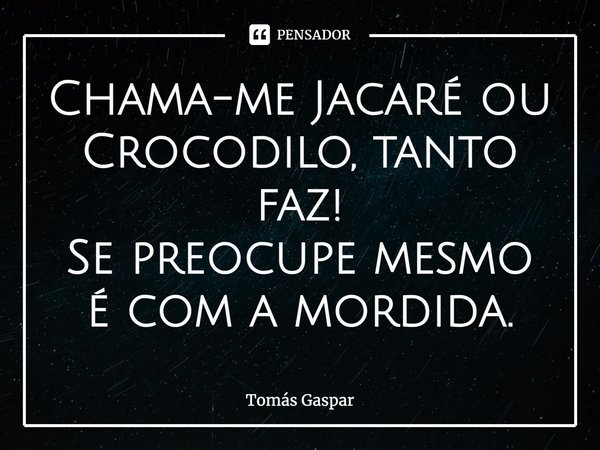 ⁠Chama-me Jacaré ou Crocodilo, tanto faz!
Se preocupe mesmo é com a mordida.... Frase de Tomás Gaspar.