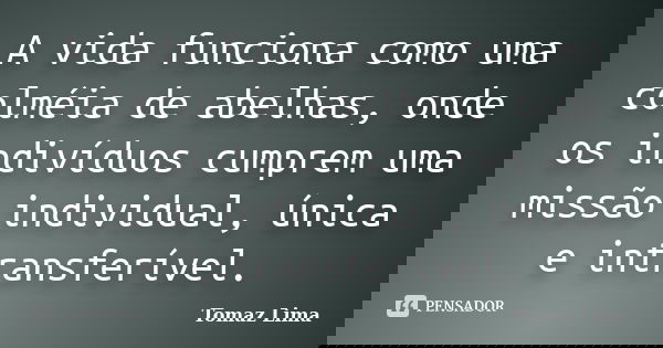 A vida funciona como uma colméia de abelhas, onde os indivíduos cumprem uma missão individual, única e intransferível.... Frase de Tomaz Lima.