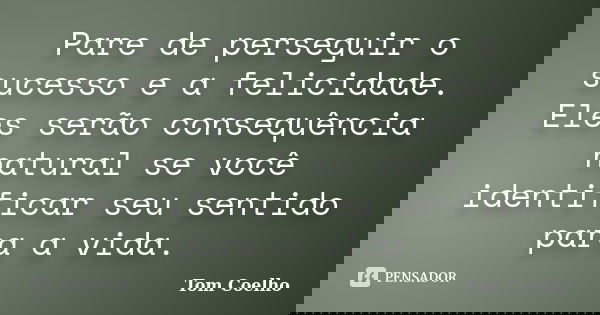 Pare de perseguir o sucesso e a felicidade. Eles serão consequência natural se você identificar seu sentido para a vida.... Frase de Tom Coelho.