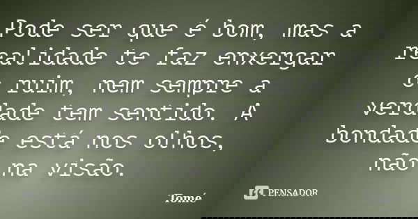 Pode ser que é bom, mas a realidade te faz enxergar o ruim, nem sempre a verdade tem sentido. A bondade está nos olhos, não na visão.... Frase de Tomé.