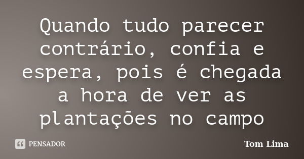 Quando tudo parecer contrário, confia e espera, pois é chegada a hora de ver as plantações no campo... Frase de Tom Lima.