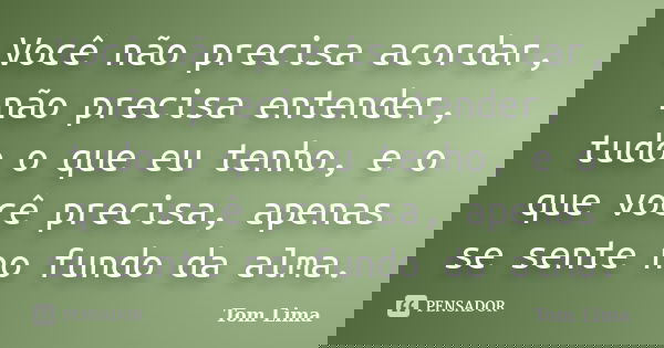 Você não precisa acordar, não precisa entender, tudo o que eu tenho, e o que você precisa, apenas se sente no fundo da alma.... Frase de Tom Lima.