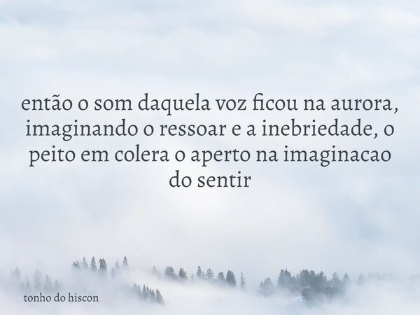 então o som daquela voz ficou na aurora, imaginando o ressoar e a inebriedade, o peito em colera o aperto na imaginacao do sentir... Frase de tonho do hiscon.