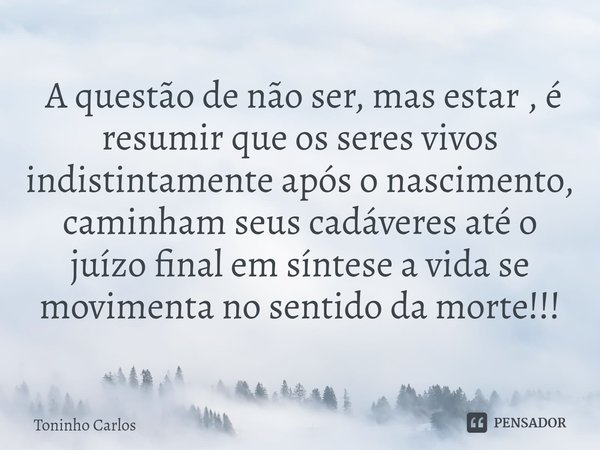 ⁠ A questão de não ser, mas estar , é resumir que os seres vivos indistintamente após o nascimento, caminham seus cadáveres até o juízo final em síntese a vida ... Frase de Toninho Carlos.