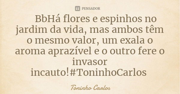 BbHá flores e espinhos no jardim da vida, mas ambos têm o mesmo valor, um exala o aroma aprazível e o outro fere o invasor incauto!#ToninhoCarlos... Frase de Toninho Carlos.