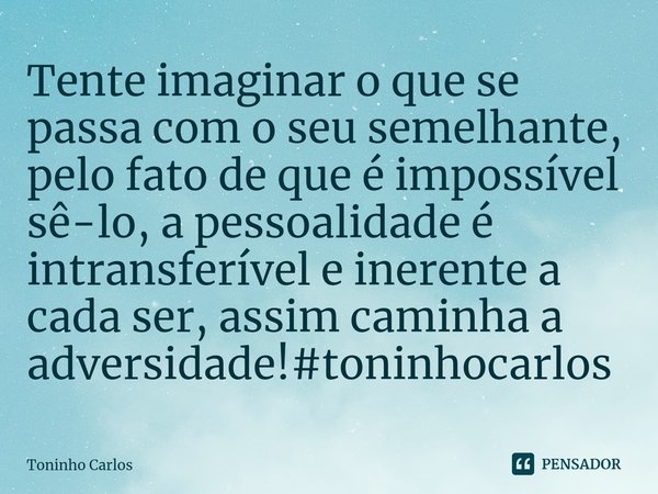 ⁠ Tente imaginar o que se passa com o seu semelhante, pelo fato de que é impossível sê-lo, a pessoalidade é intransferível e inerente a cada ser, assim caminha ... Frase de Toninho Carlos.