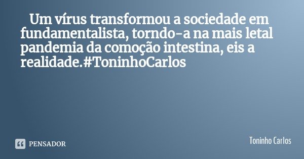 Um vírus transformou a sociedade em fundamentalista, torndo-a na mais letal pandemia da comoção intestina, eis a realidade.#ToninhoCarlos... Frase de Toninho Carlos.