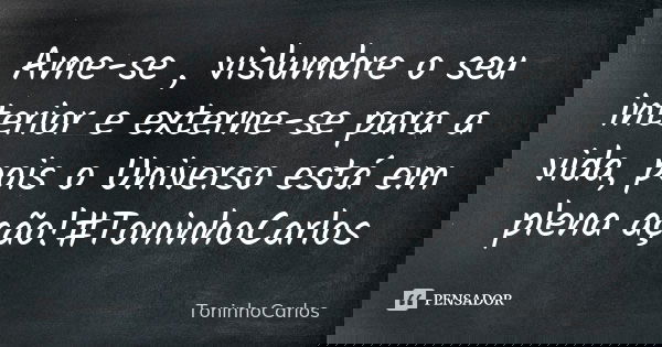 Ame-se , vislumbre o seu interior e externe-se para a vida, pois o Universo está em plena ação!#ToninhoCarlos... Frase de ToninhoCarlos.