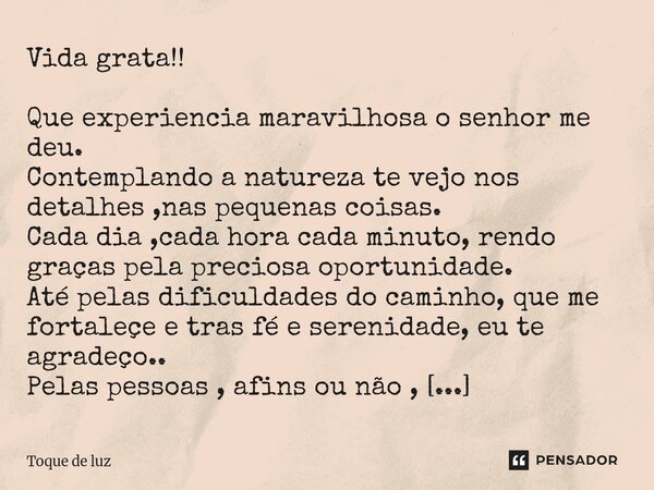 Vida grata!! Que experiencia maravilhosa o senhor me deu. Contemplando a natureza te vejo nos detalhes ,nas pequenas coisas. Cada dia ,cada hora cada minuto, r... Frase de toque de luz.