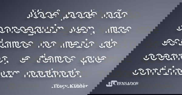 Você pode não conseguir ver, mas estamos no meio do oceano, e temos que continuar nadando.... Frase de Tracy Kidder.