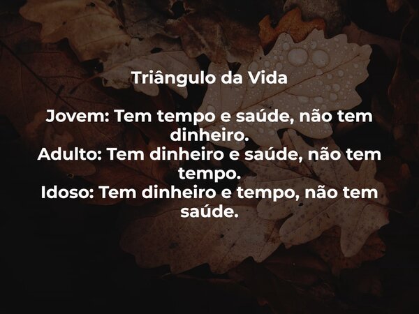 Triângulo da Vida Jovem: Tem tempo e saúde, não tem dinheiro. Adulto: Tem dinheiro e saúde, não tem tempo. Idoso: Tem dinheiro e tempo, não tem saúde.