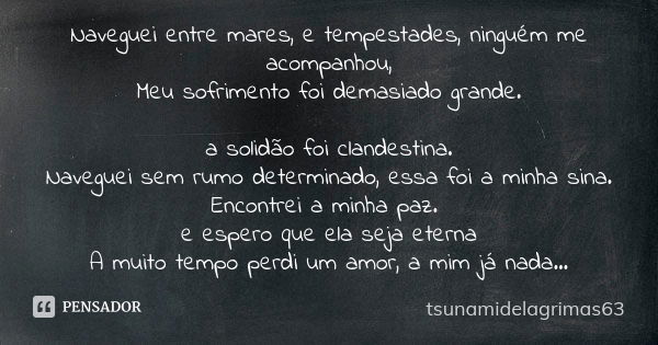 Naveguei entre mares, e tempestades, ninguém me acompanhou, Meu sofrimento foi demasiado grande. a solidão foi clandestina. Naveguei sem rumo determinado, essa ... Frase de tsunamidelagrimas63.