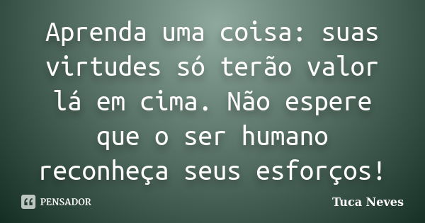 Aprenda uma coisa: suas virtudes só terão valor lá em cima. Não espere que o ser humano reconheça seus esforços!... Frase de Tuca Neves.