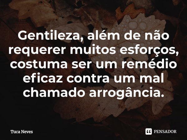 ⁠Gentileza, além de não requerer muitos esforços, costuma ser um remédio eficaz contra um mal chamado arrogância.... Frase de Tuca Neves.