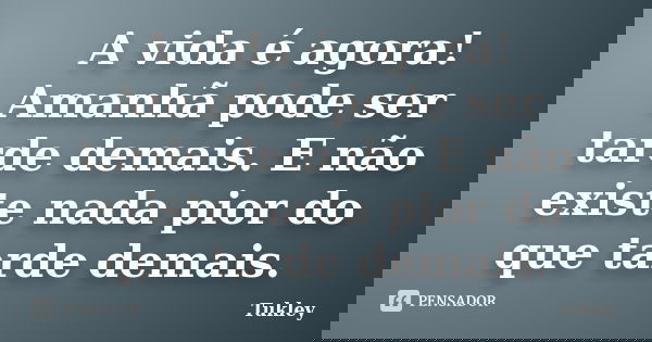 A vida é agora! Amanhã pode ser tarde demais. E não existe nada pior do que tarde demais.... Frase de Tukley.