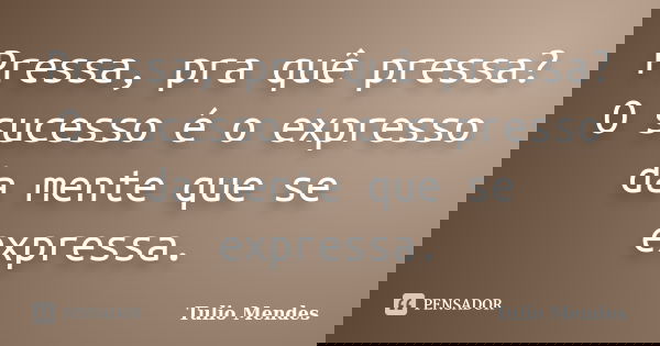Pressa, pra quê pressa? O sucesso é o expresso da mente que se expressa.... Frase de Tulio Mendes.