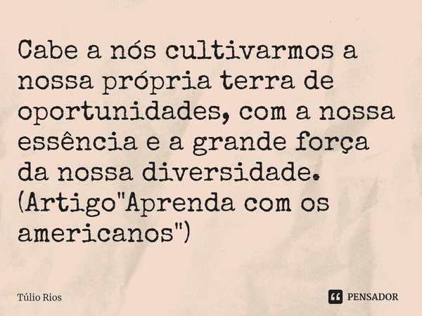 ⁠Cabe a nós cultivarmos a nossa própria terra de oportunidades, com a nossa essência e a grande força da nossa diversidade. (Artigo "Aprenda com os america... Frase de Túlio Rios.
