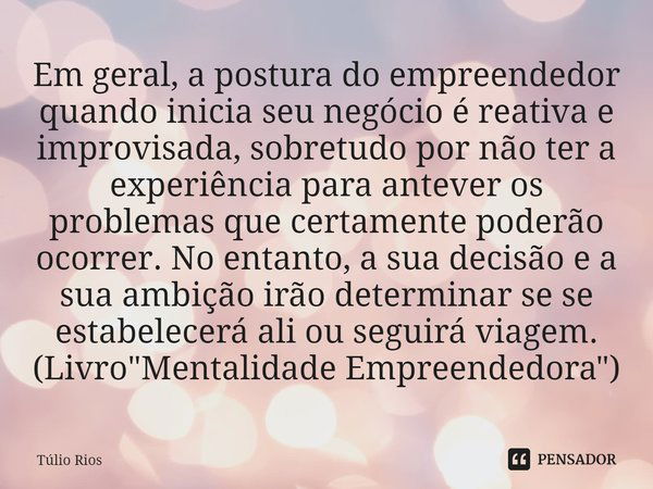 ⁠Em geral, a postura do empreendedor quando inicia seu negócio é reativa e improvisada, sobretudo por não ter a experiência para antever os problemas que certam... Frase de Túlio Rios.