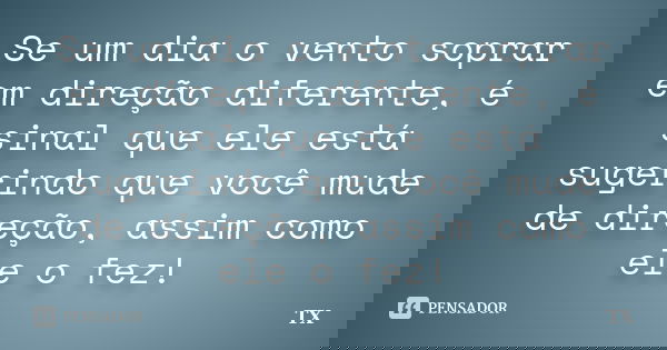 Se um dia o vento soprar em direção diferente, é sinal que ele está sugerindo que você mude de direção, assim como ele o fez!... Frase de TX.