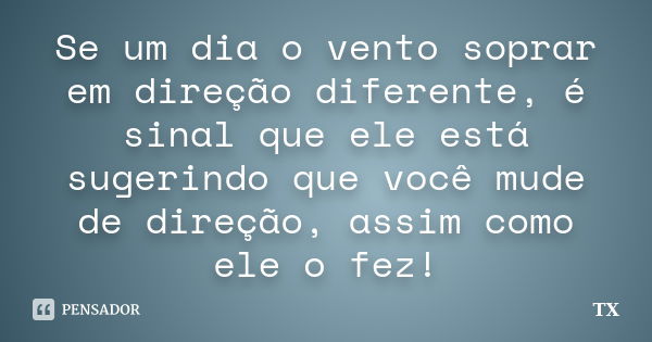 Se um dia o vento soprar em direção diferente, é sinal que ele está sugerindo que você mude de direção, assim como ele o fez!... Frase de TX.