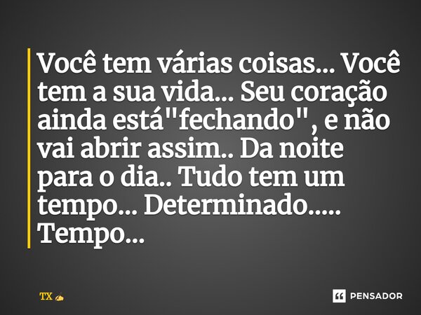 ⁠Você tem várias coisas... Você tem a sua vida... Seu coração ainda está "fechando", e não vai abrir assim.. Da noite para o dia.. Tudo tem um tempo..... Frase de TX.