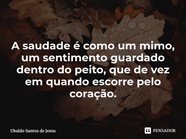 A saudade é como um mimo, um sentimento guardado dentro do peito, que de vez em quando escorre pelo coração.... Frase de Ubaldo Santos de Jesus.