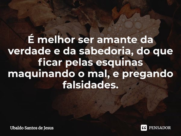 ⁠É melhor ser amante da verdade e da sabedoria, do que ficar pelas esquinas maquinando o mal, e pregando falsidades.... Frase de Ubaldo Santos de Jesus.