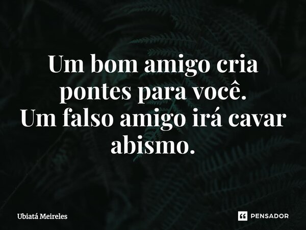 ⁠Um bom amigo cria pontes para você. Um falso amigo irá cavar abismo.... Frase de Ubiatá Meireles.