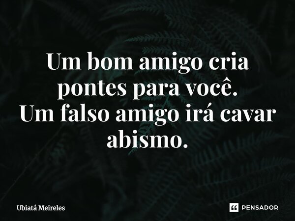 ⁠Um bom amigo cria pontes para você. Um falso amigo irá cavar abismo.... Frase de Ubiatá Meireles.