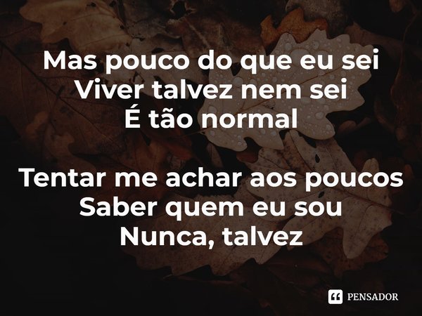 ⁠Mas pouco do que eu sei
Viver talvez nem sei
É tão normal
Tentar me achar aos poucos
Saber quem eu sou
Nunca, talvez... Frase de Uiu Lopes.