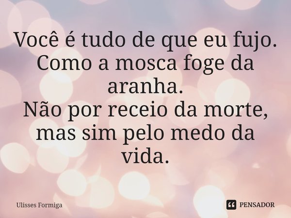 ⁠Você é tudo de que eu fujo.
Como a mosca foge da aranha.
Não por receio da morte, mas sim pelo medo da vida.... Frase de Ulisses Formiga.