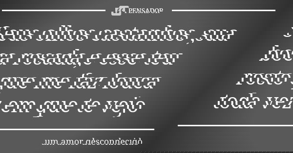 Seus olhos castanhos ,sua boca rosada,e esse teu rosto que me faz louca toda vez em que te vejo... Frase de um amor desconhecido.