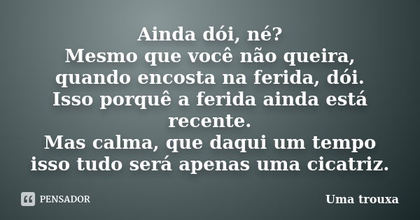 Ainda dói, né? Mesmo que você não queira, quando encosta na ferida, dói. Isso porquê a ferida ainda está recente. Mas calma, que daqui um tempo isso tudo será a... Frase de Uma trouxa.