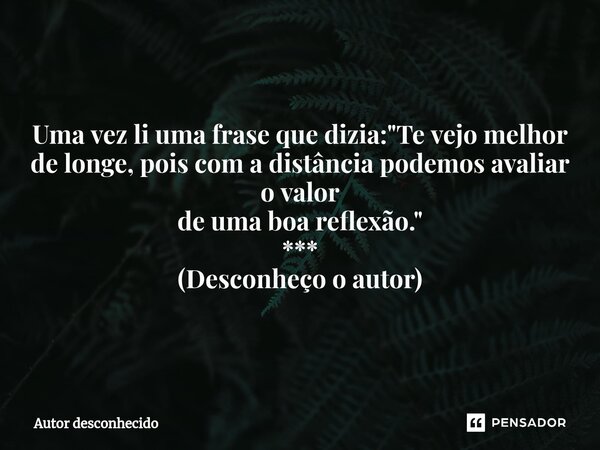✍️ ⁠Uma vez li uma frase que dizia: "Te vejo melhor de longe, pois com a distância podemos avaliar o valor de uma boa reflexão." *** (Desconheço o aut... Frase de Autor desconhecido.