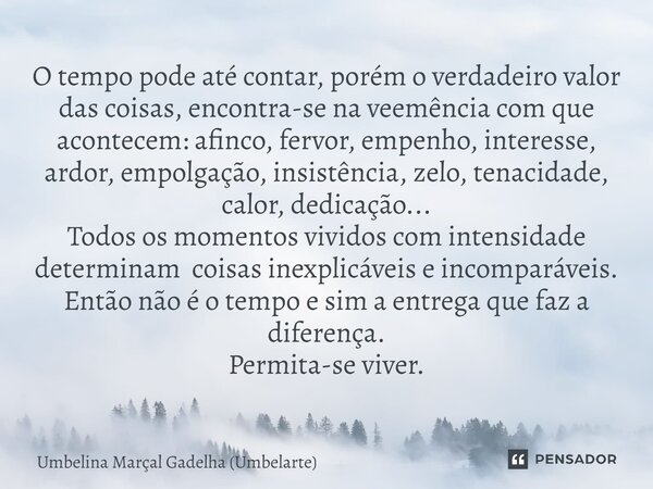 O tempo pode até contar, porém o verdadeiro valor das coisas, encontra-se na veemência com que acontecem: afinco, fervor, empenho, interesse, ardor, empolgação... Frase de Umbelina Marçal Gadêlha (Umbelarte).