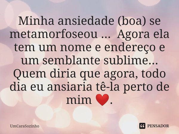 ⁠Minha ansiedade (boa) se metamorfoseou ... Agora ela tem um nome e endereço e um semblante sublime... Quem diria que agora, todo dia eu ansiaria tê-la perto de... Frase de UmCaraSozinho.