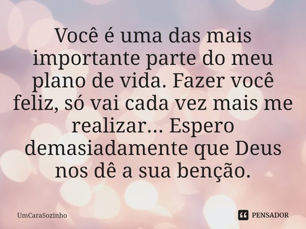Você é uma das mais importante parte⁠ do meu plano de vida. Fazer você feliz, só vai cada vez mais me realizar... Espero demasiadamente que Deus nos dê a sua be... Frase de UmCaraSozinho.
