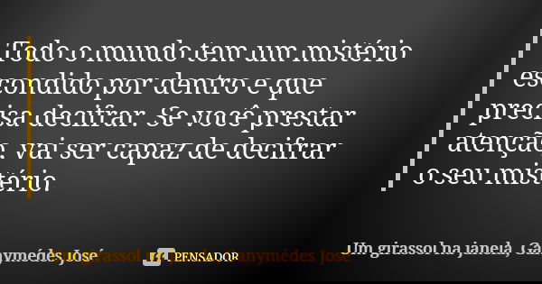 Todo o mundo tem um mistério escondido por dentro e que precisa decifrar. Se você prestar atenção, vai ser capaz de decifrar o seu mistério.... Frase de Um girassol na janela, Ganymédes José.