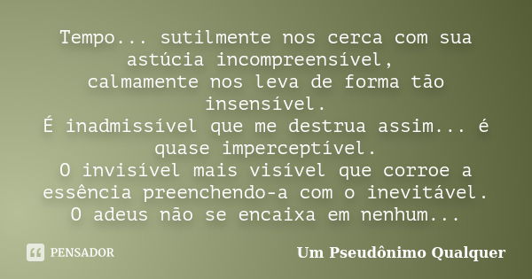 Tempo... sutilmente nos cerca com sua astúcia incompreensível, calmamente nos leva de forma tão insensível. É inadmissível que me destrua assim... é quase imper... Frase de Um Pseudônimo Qualquer.