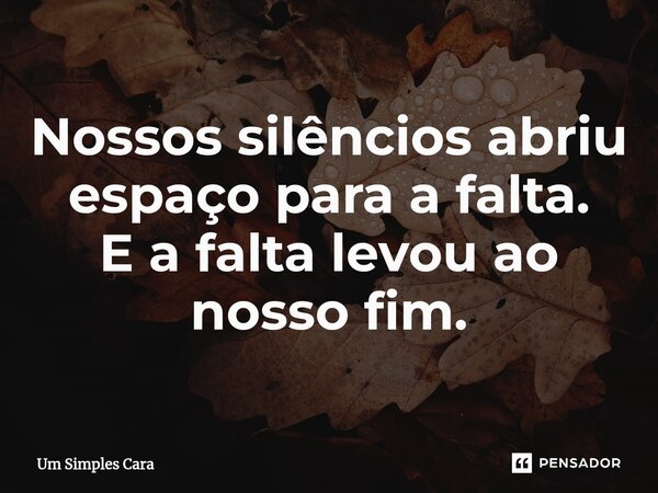 ⁠Nossos silêncios abriu espaço para a falta. E a falta levou ao nosso fim.... Frase de Um Simples Cara.