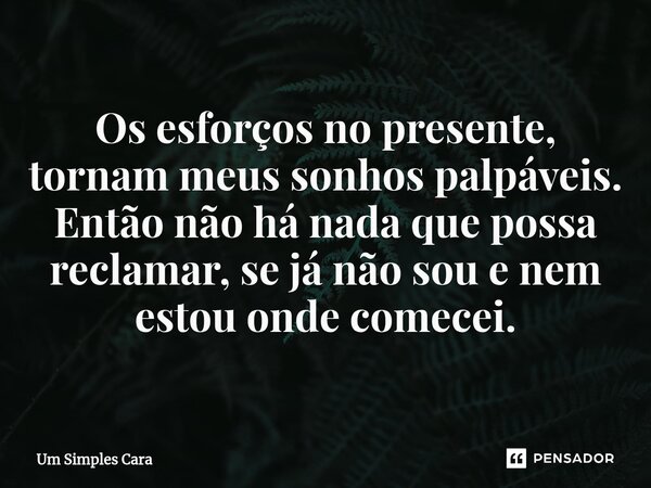 ⁠Os esforços no presente, tornam meus sonhos palpáveis. Então não há nada que possa reclamar, se já não sou e nem estou onde comecei.... Frase de Um Simples Cara.