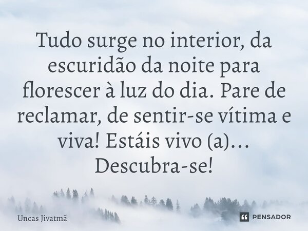 ⁠Tudo surge no interior, da escuridão da noite para florescer à luz do dia. Pare de reclamar, de sentir-se vítima e viva! Estáis vivo (a)... Descubra-se!... Frase de Uncas Jivatmã.