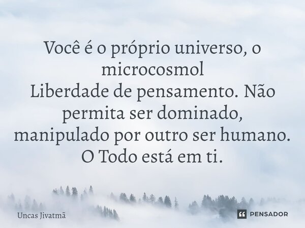 ⁠Você é o próprio universo, o microcosmol Liberdade de pensamento. Não permita ser dominado, manipulado por outro ser humano. O Todo está em ti.... Frase de Uncas Jivatmã.