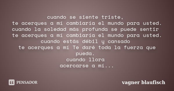 cuando se siente triste, te acerques a mí cambiaría el mundo para usted. cuando la soledad más profunda se puede sentir te acerques a mí cambiaría el mundo para... Frase de Vagner Blaufisch.