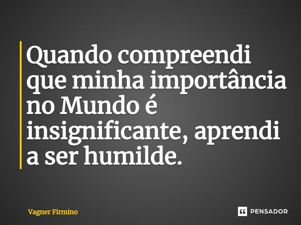 ⁠Quando compreendi que minha importância no Mundo é insignificante, aprendi a ser humilde.... Frase de Vagner Firmino.