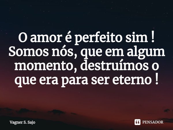 O amor é perfeito sim !
Somos nós, que em algum momento, destruímos o que era para ser eterno !... Frase de Vagner S. Sajo.