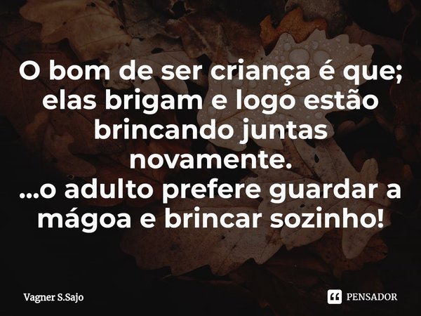 O bom de ser criança é que; elas⁠ brigam e logo estão brincando juntas novamente. ...o adulto prefere guardar a mágoa e brincar sozinho!... Frase de Vagner S.Sajo.