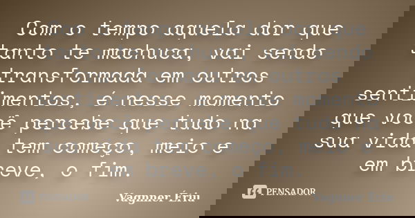 Com o tempo aquela dor que tanto te machuca, vai sendo transformada em outros sentimentos, é nesse momento que você percebe que tudo na sua vida tem começo, mei... Frase de Vagnner Ériu.