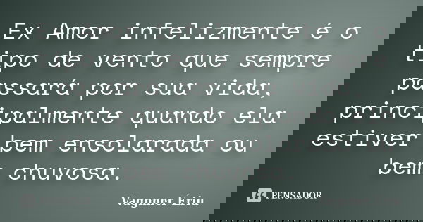 Ex Amor infelizmente é o tipo de vento que sempre passará por sua vida, principalmente quando ela estiver bem ensolarada ou bem chuvosa.... Frase de Vagnner Ériu.