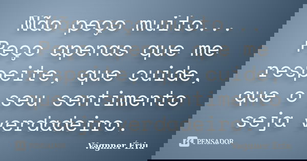 Não peço muito... Peço apenas que me respeite, que cuide, que o seu sentimento seja verdadeiro.... Frase de Vagnner Ériu.